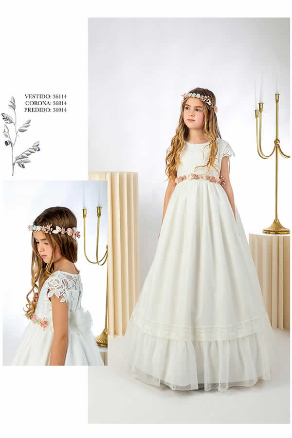 NIÑA VESTIDA DE COMUNION TRAJE BEIGE CON DETALLE FLORA EN TIARA Y EN CINTURA