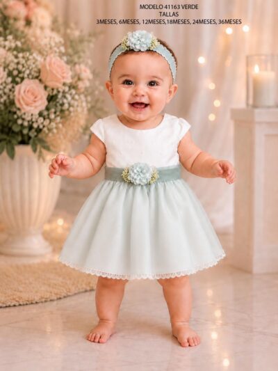 Vestido de Bautizo Bebé Rosa o Verde | Ref. 41163