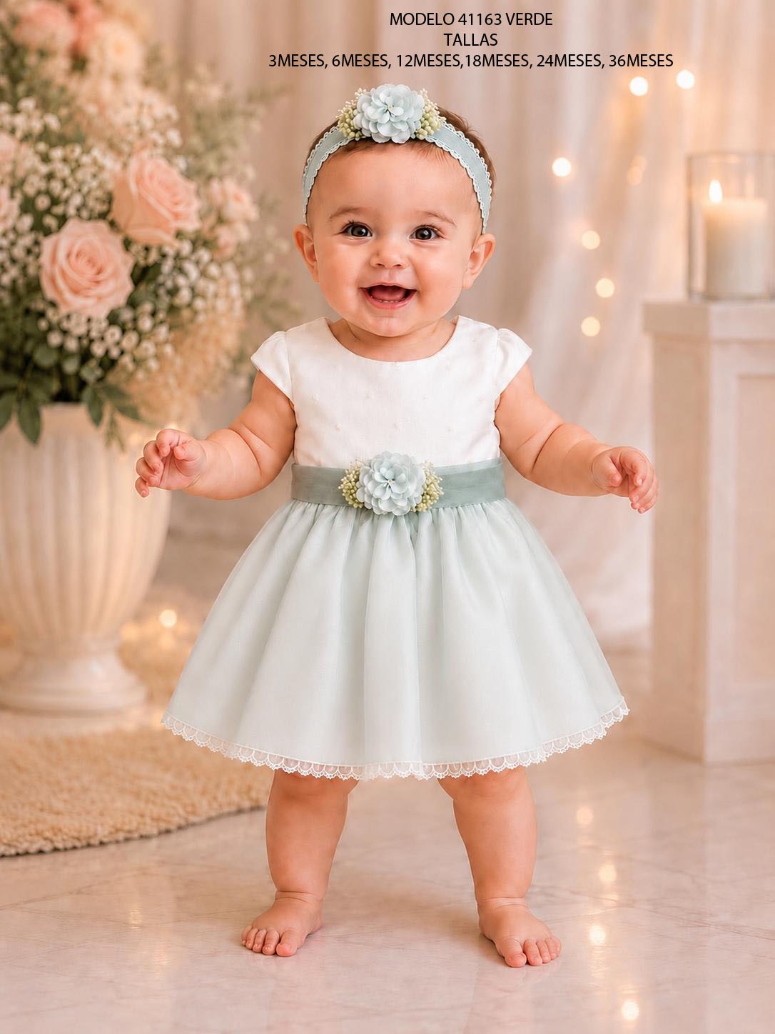 Vestido de Bautizo Bebé Rosa o Verde | Ref. 41163
