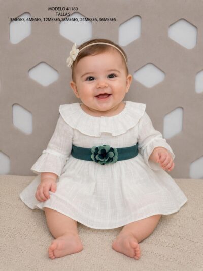 Vestido Bautizo Blanco y Verde Bebé | Ref. 41180