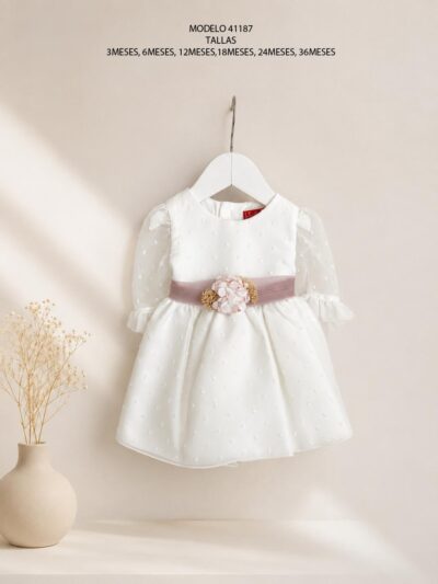 Vestido Bautizo Blanco y Rosa Bebé | Ref. 41187